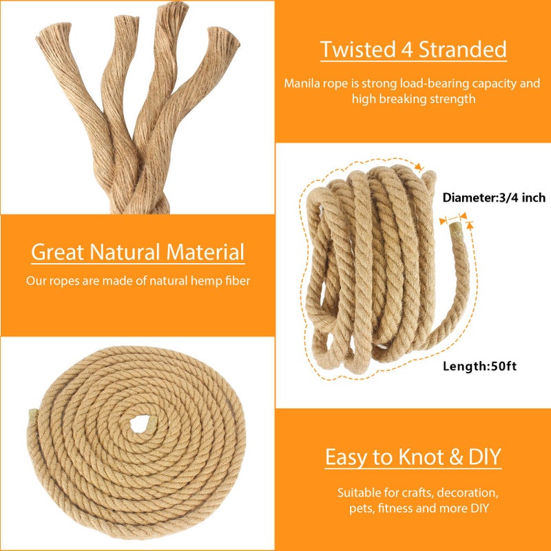 DEDU Manila Rope 3/4 Inch X 50 Ft, Natural Hemp Rope Twisted 4 Strand, Thick for Crafts Heavy Duty Multipurpose for Swing Bed, Camping, Tug of War, Docks, DIY Projects. - Image 4